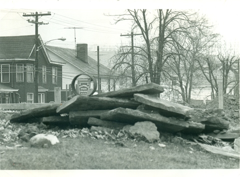 California State College sign and rubble