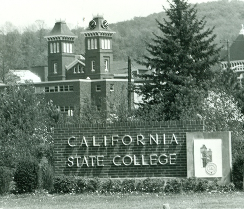 California State College sign, Old Main and Reed Library.