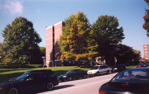 Color image of Clyde Hall with CalU banners