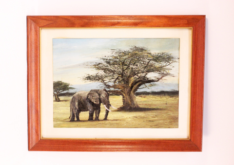 18x14 Oil on canvas matted and framed elephant - full view