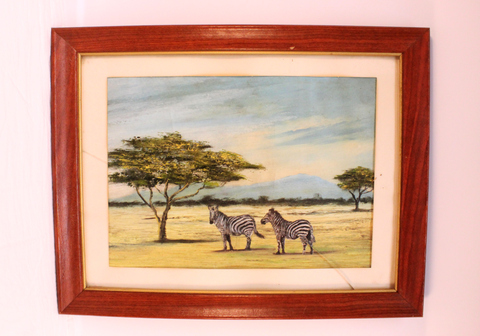 18x14 Oil on canvas matted and framed zebras - full view