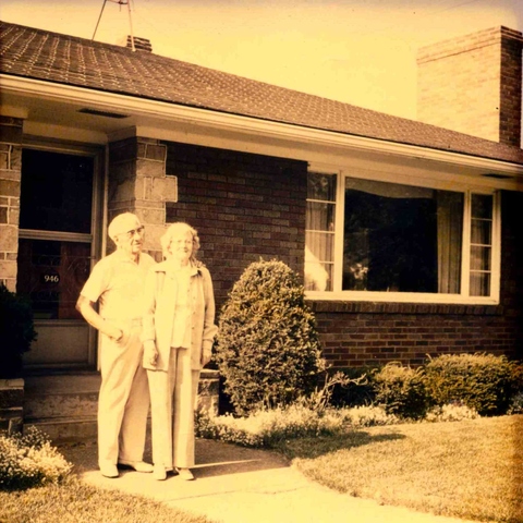 Ruth Morton Harris in front of home