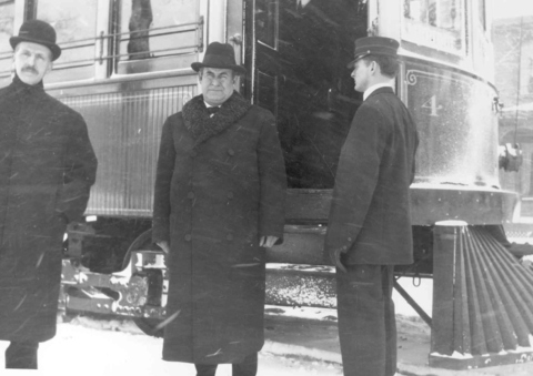 William Jennings Bryan arriving to deliver an assembly address about 1909 Prof. Bigler left/Park Ske