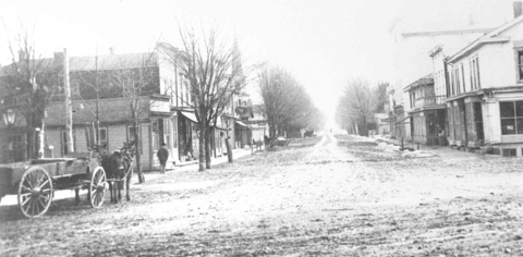 Meadville St. before 1900 - old post office &masonic hall to right - savings bank to left