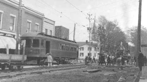 Laying pavement on Meadville St. about 1900