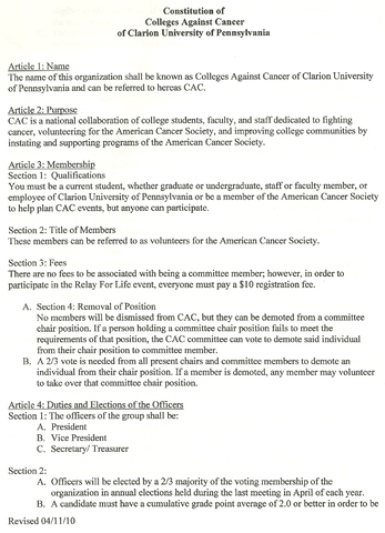 2010-04-11 Relay for Life - Colleges Against Cancer Constitution and By-Laws