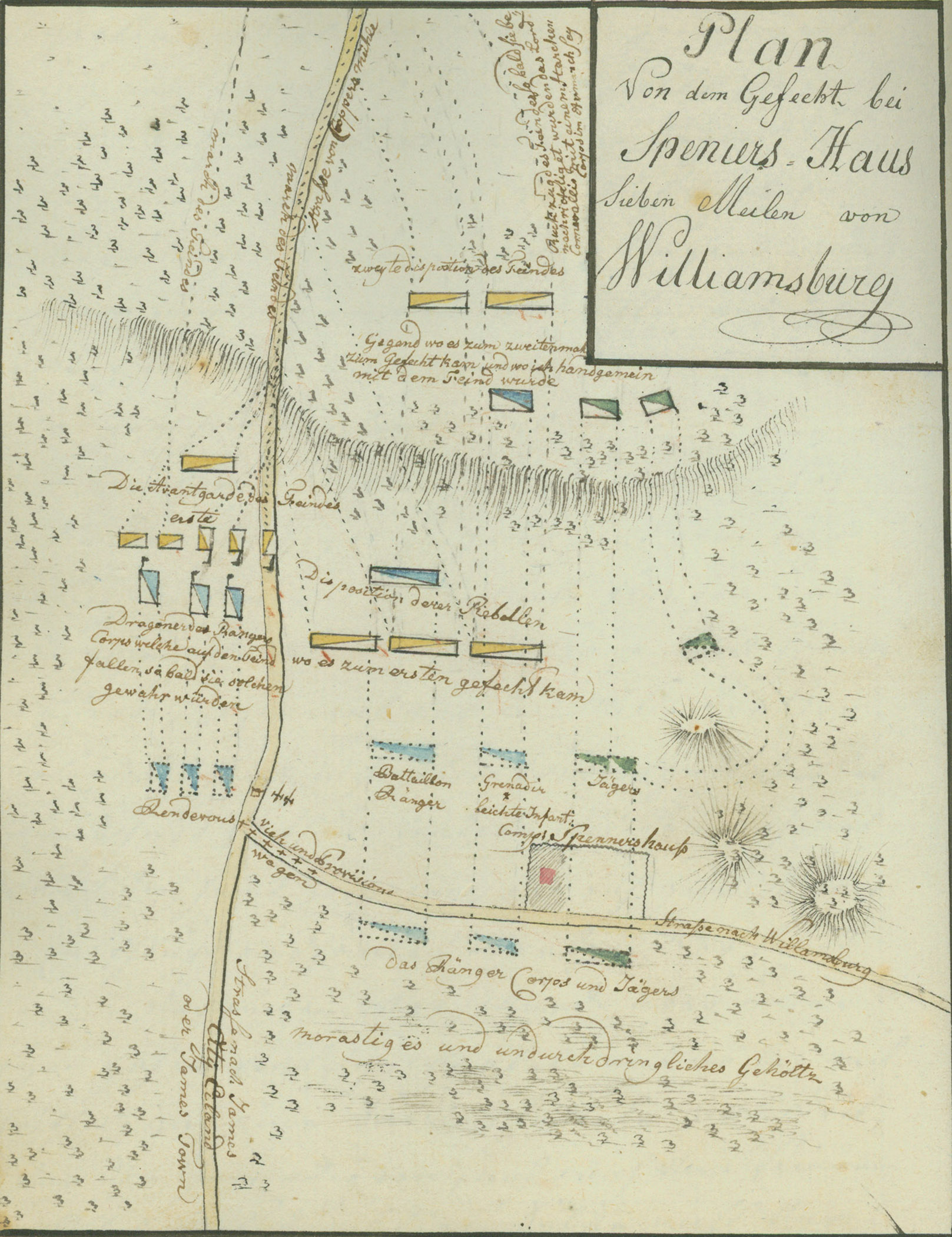 P311 - Plan of the action at Spencer's House, seven miles from Williamsburg
