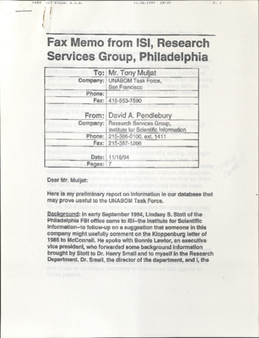 "Fax Memo from ISI, Research Services Group, Philadelphia"