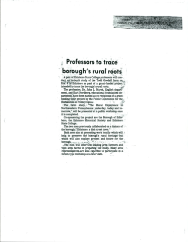 Professors to trace borough's rural roots, 04/12/1979