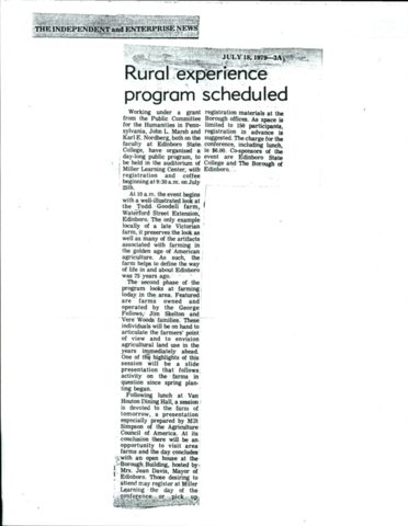 The Rural Experience Program Scheduled, 07/18/1979