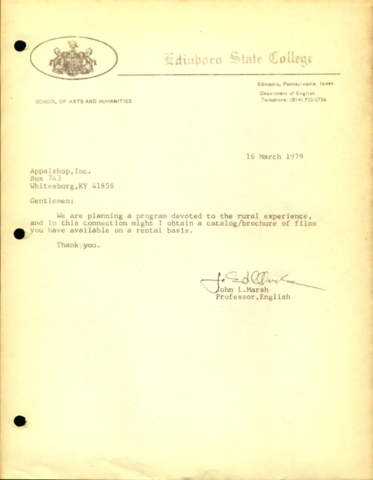 Letter from John Marsh requesting film lists from Appalshop, Inc., 03/16/1979