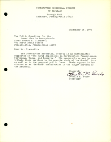 Letter from The Conneauttee Historical Society of Edinboro to The Public Committee for the Humanitie