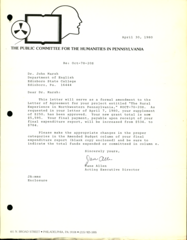 Letter from Jane Allen to John Marsh about grant adjustments, 04/30/1980