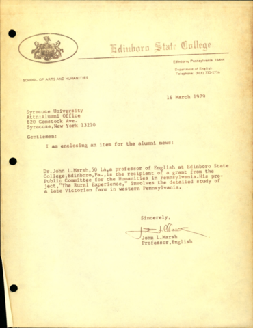 Letter from John Marsh to Syracuse University Alumni Office - 17 March 1979