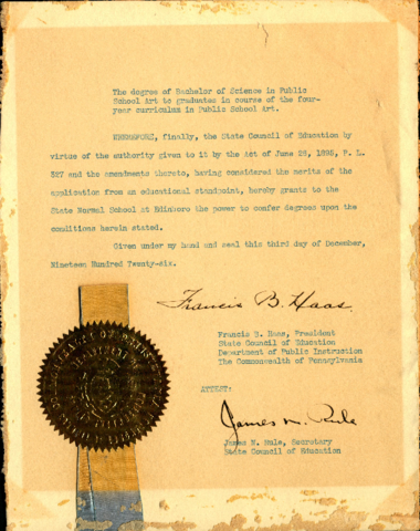 Pennsylvania Department of Public Instruction Certificate to Confer BS in Public School Art, 1926