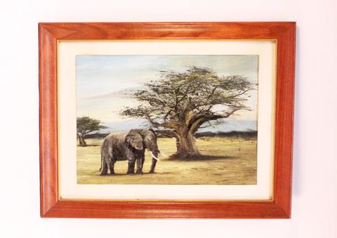 18x14 Oil on canvas matted and framed elephant - full view