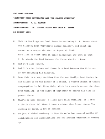 Harmon, P. A. Interview Transcript