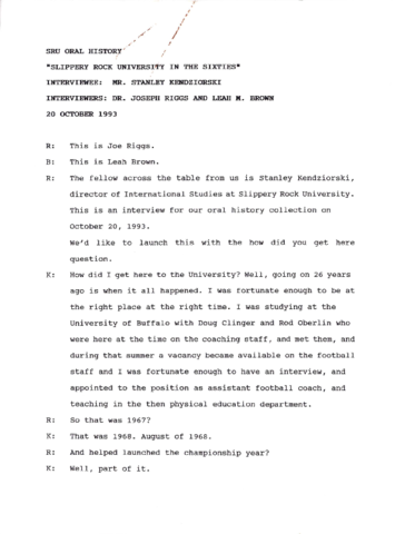 Kendziorski, Stanley Interview Transcript