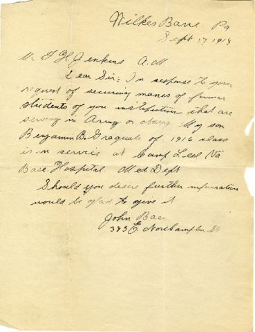 John Baer (father of Benjamin Baer) to Bloomsburg State Normal School Registrar (F. H. Jenkins), Sep
