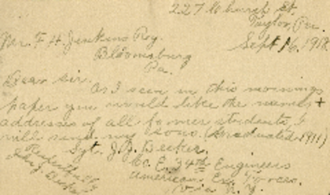 John Becker (father of Jacob Becker) to Bloomsburg State Normal School Registrar (F. H. Jenkins), Se