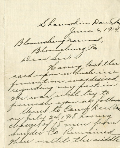 Merril Boust to Bloomsburg State Normal School Registrar (F. H. Jenkins), June 6, 1919, Letter.