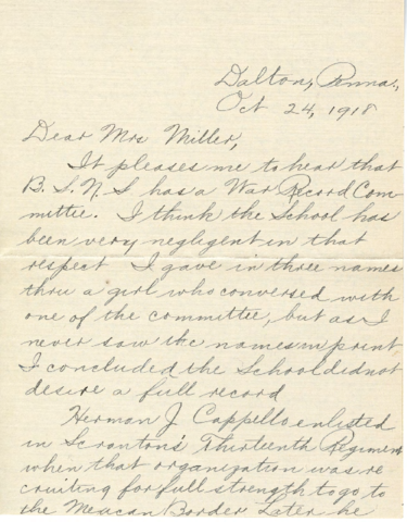 Rae F. Creasy (future wife of Herman Cappello) to Bloomsburg State Normal School Professor (Mrs. J. 