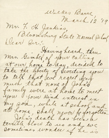 Margaret Hodder (mother of John Hodder) to Bloomsburg State Normal School Registrar (F. H. Jenkins),
