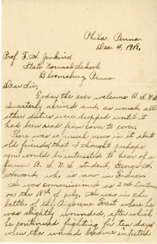 (1) Mac L. Howard (brother of George Howard) to Bloomsburg State Normal School Registrar (F. H. Jenk